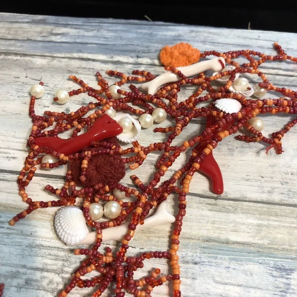 Artisan Handmade Faux Coral Pearl Necklace Acrylic Crochet Shells Red Orange 48